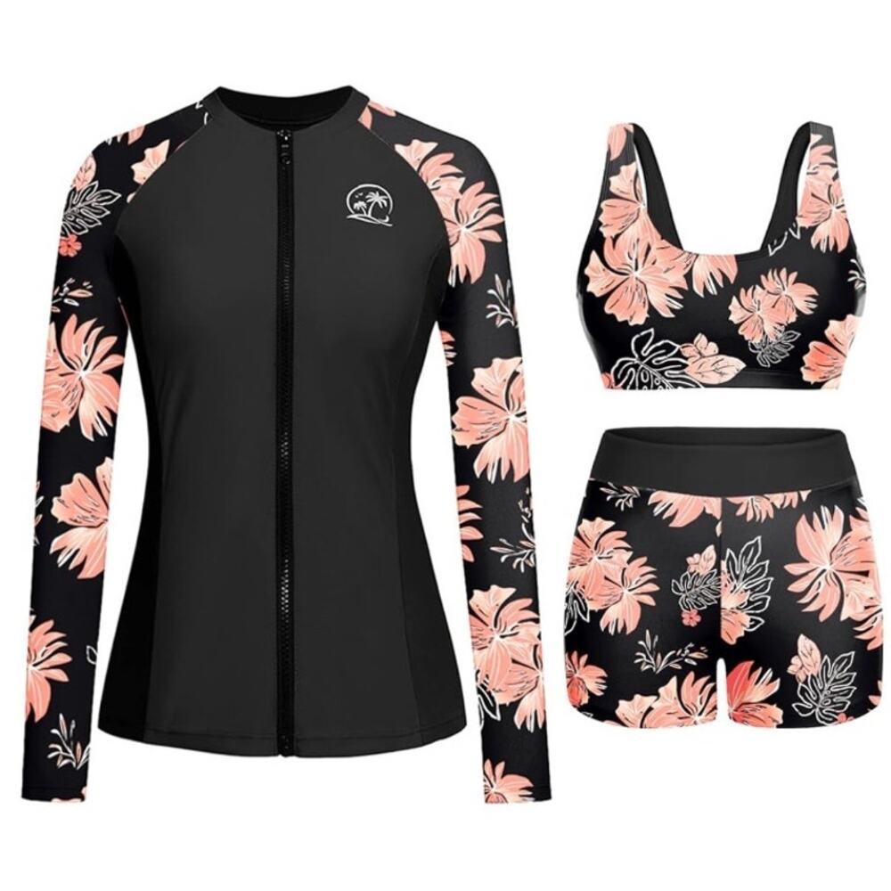 Holipick Women 3Pc Rash Guard Swimsuit Floral UPF 50 Zip Surf Set M NWT